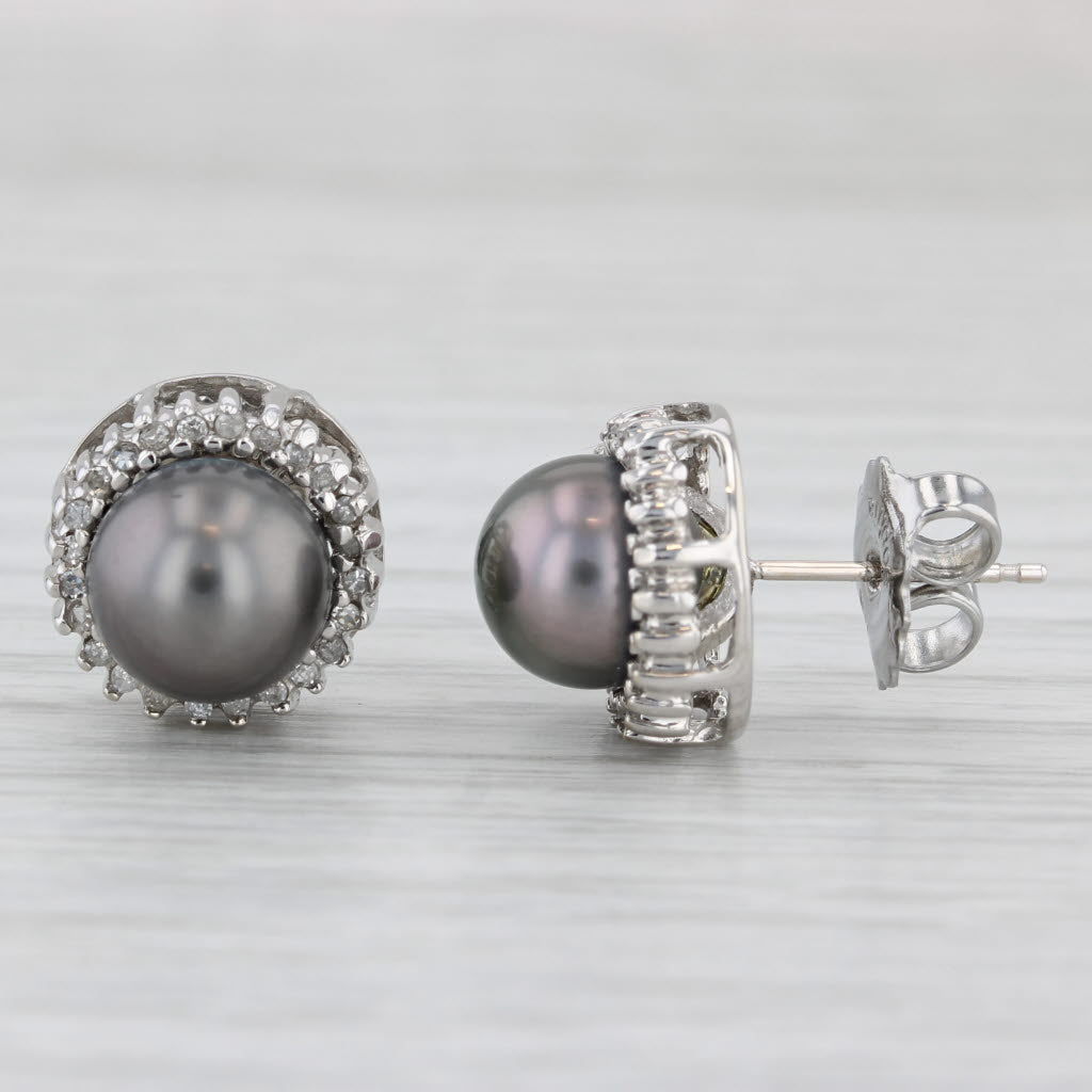 Light Gray Black Cultured Pearl Diamond Halo Stud Earrings 14k White Gold Lia Sophia