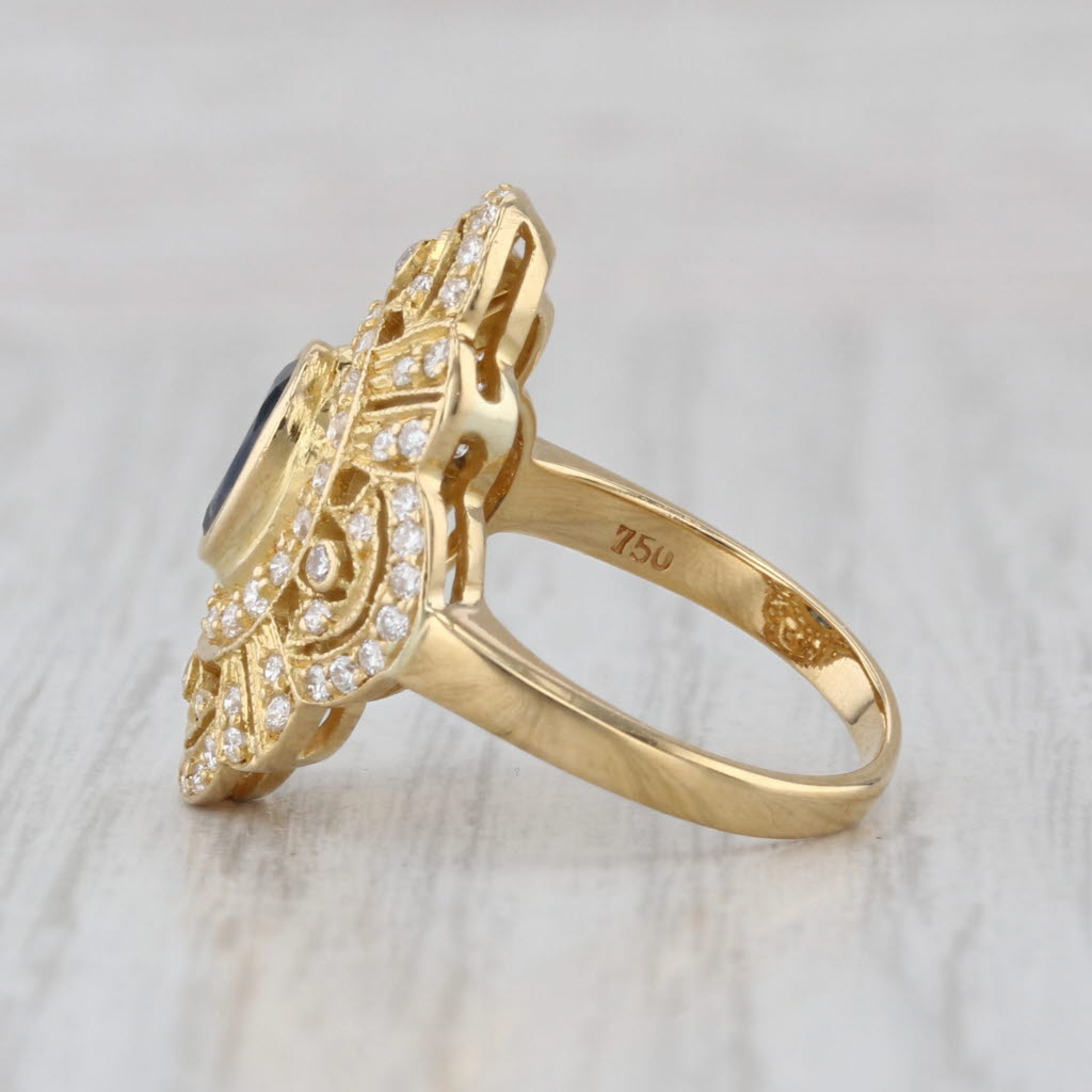 1.41ctw Oval Blue Sapphire Diamond Halo Ring 18k Yellow Gold Ornate Size 4.5