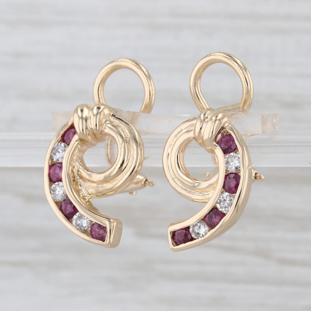 0.75ctw Diamond Ruby Swirl Drop Earrings 14k Yellow Gold Omega Backs