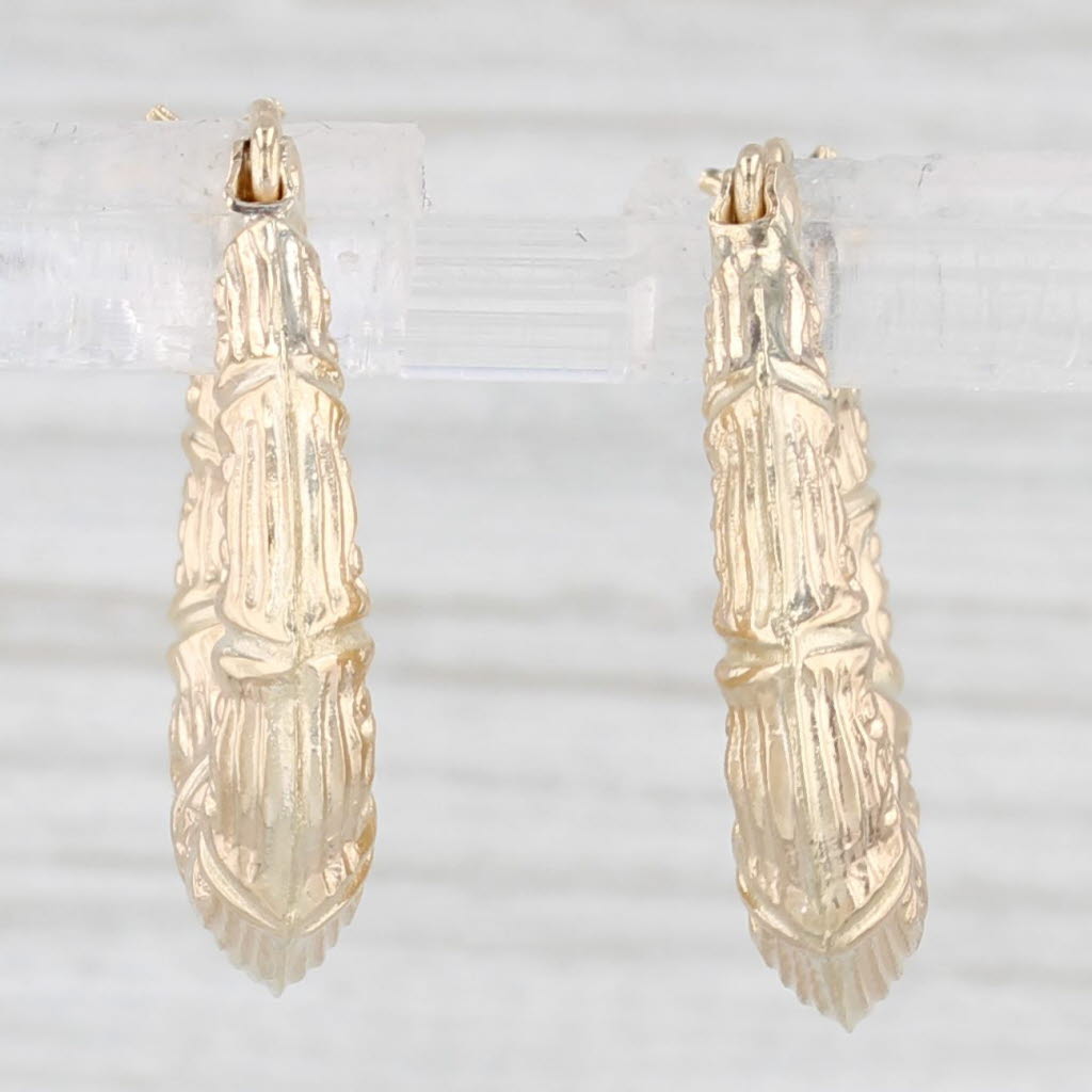 Light Gray Ornate Bamboo Etched Hoop Earrings 10k Yellow Gold Snap Top Round Hoops