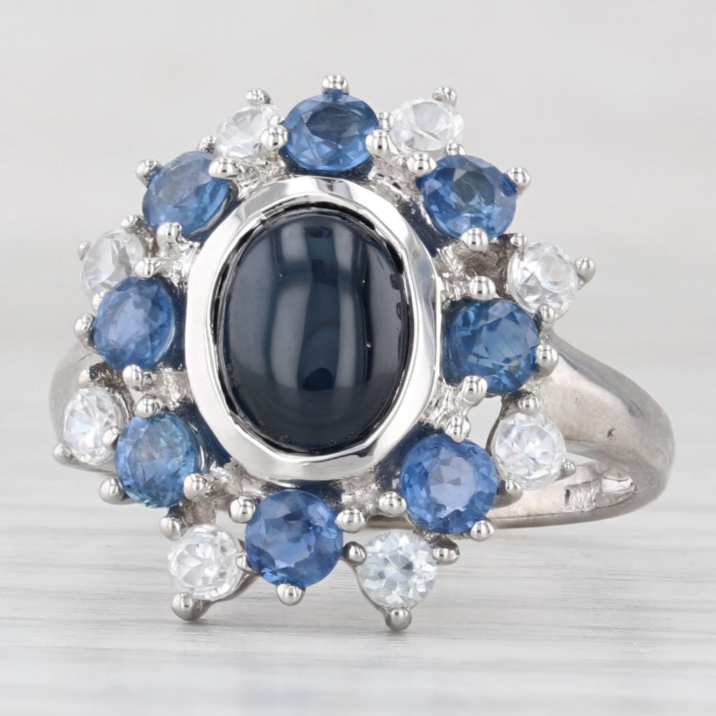Light Gray Blue Cabochon Sapphire Zircon Halo Ring 10k White Gold Size 8