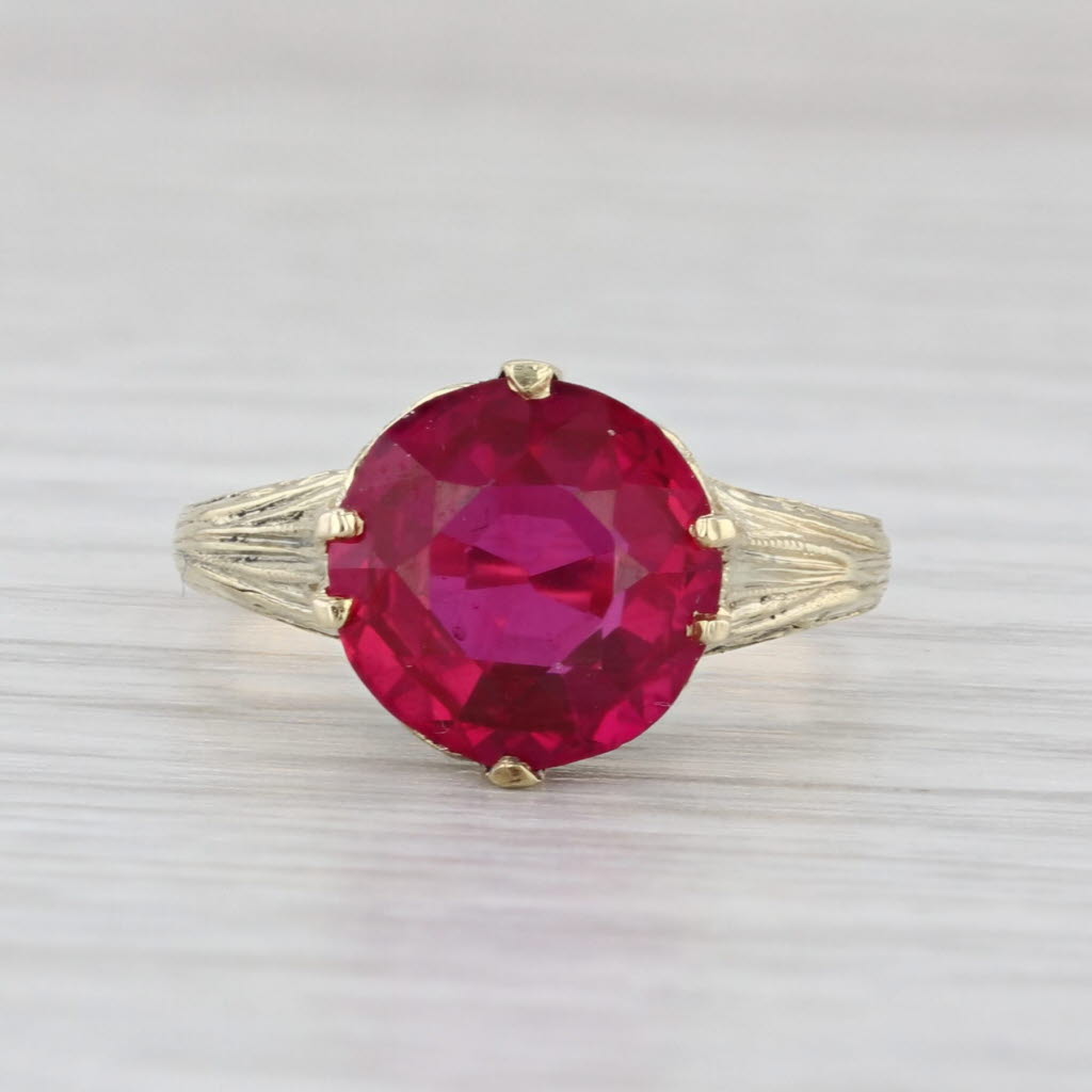 Vintage Lab Created Ruby Filigree Ring 18k Yellow Gold Size 5.5 Round Solitaire