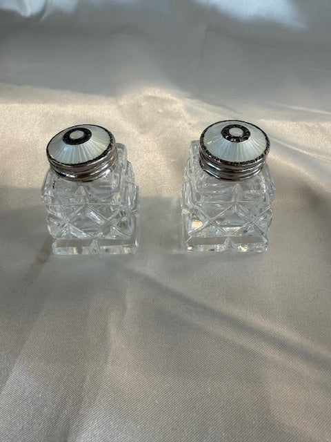 Small Salt & Pepper Shakers Sterling Silver Glass Guilloche Enamel Norway Hroar