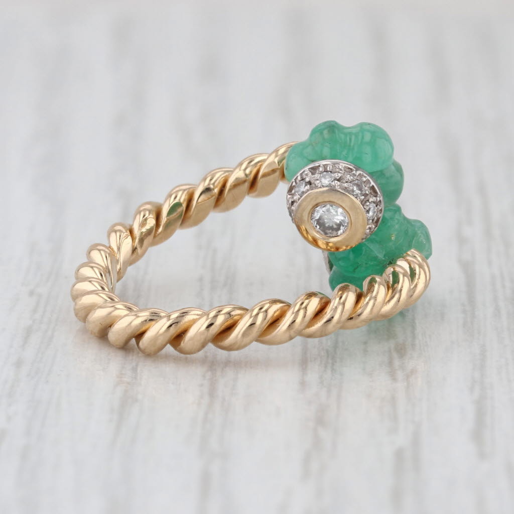 Emerald Bead Diamond Bypass Ring 14k Yellow Gold Size 7 Adjustable