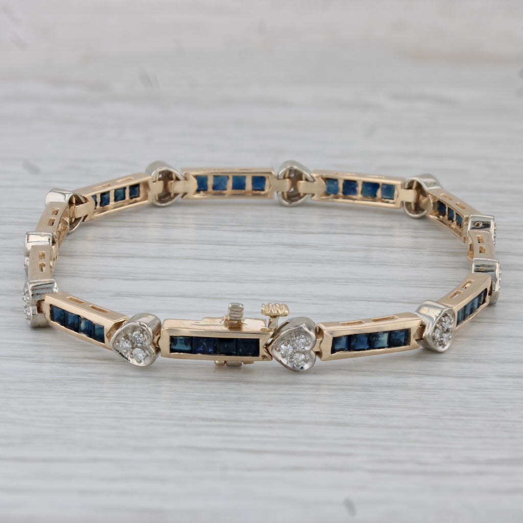 Gray 3.30ctw Blue Sapphire Bars Diamond Hearts Bracelet 14k Yellow Gold 7"