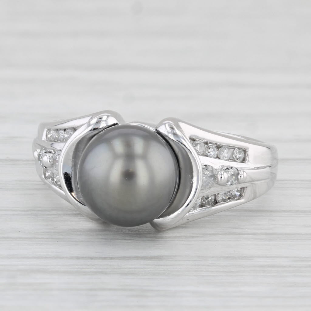 Light Gray Black Cultured Pearl 0.26ctw Diamond Ring 14k White Gold Size 7.25