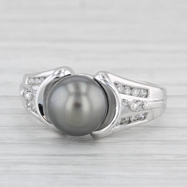 Black Cultured Pearl 0.26ctw Diamond Ring 14k White Gold Size 7.25