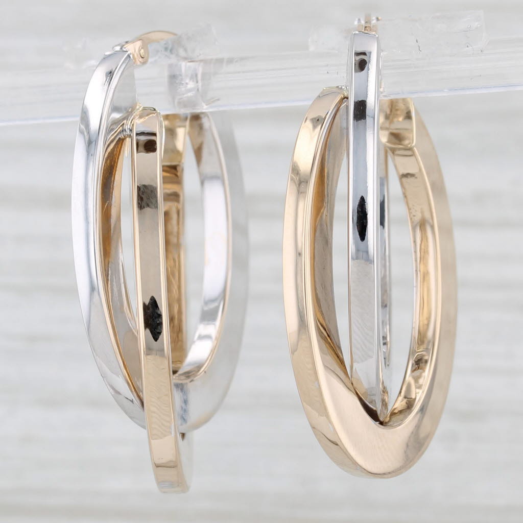 Light Gray Interlocking Hoop Earrings 14k Yellow White Gold Oval Hoops Snap Top