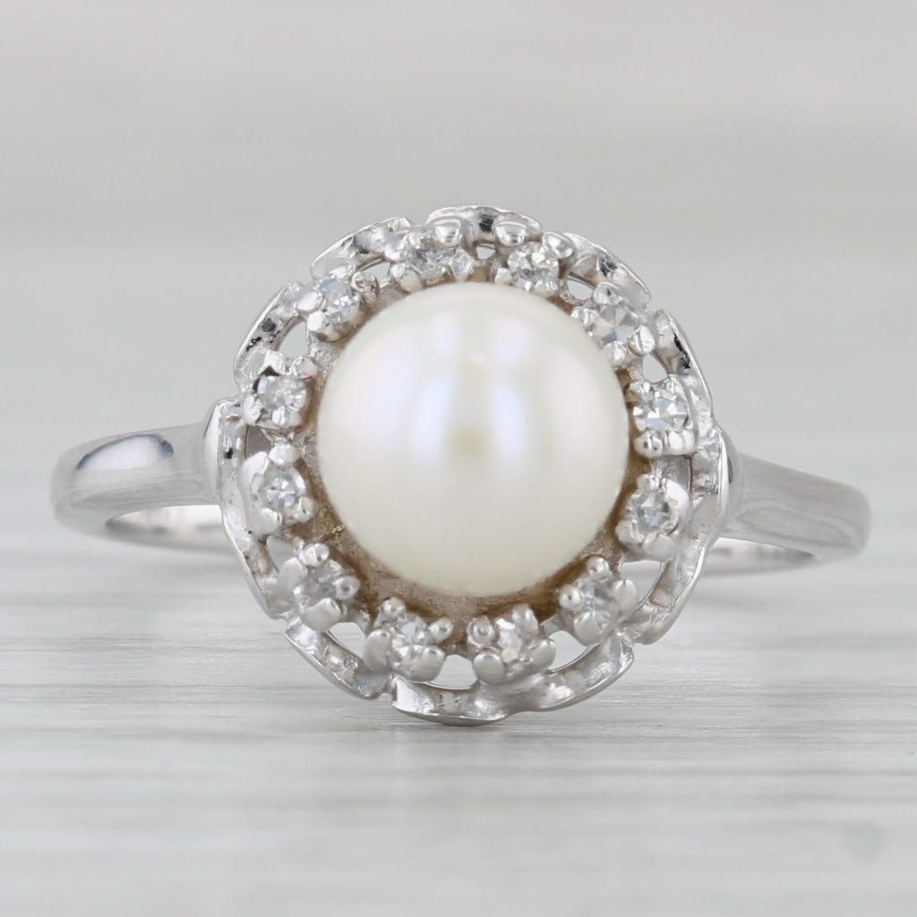 Gray Cultured Pearl Diamond Halo Ring 14k White Gold Size 7.25