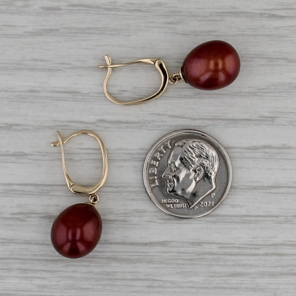Bronze Brown Cultured Pearl Dangle Earrings 14k Yellow Gold Snap Top