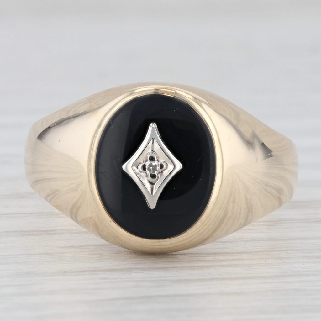 Light Gray Onyx Diamond Men's Signet Ring 10k Yellow Gold Size 12 Vintage