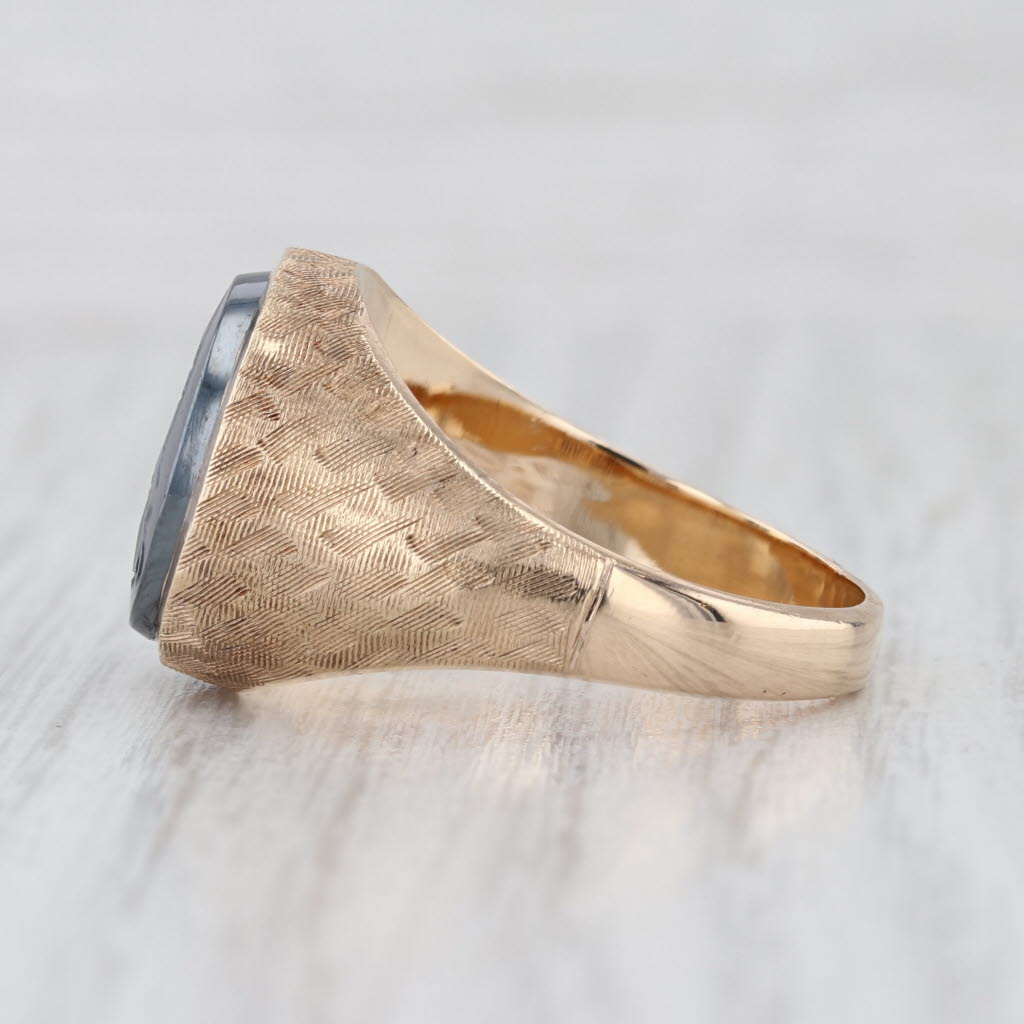Vintage Hematite Carved Intaglio Ring 10k Yellow Gold Hammered Band Solid Back