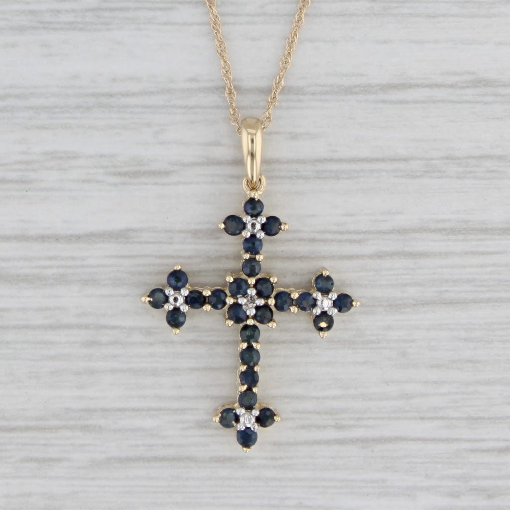 Gray 0.50ctw Blue Sapphire Cross Pendant 10k Gold Diamond Accents Rope Chain 18"