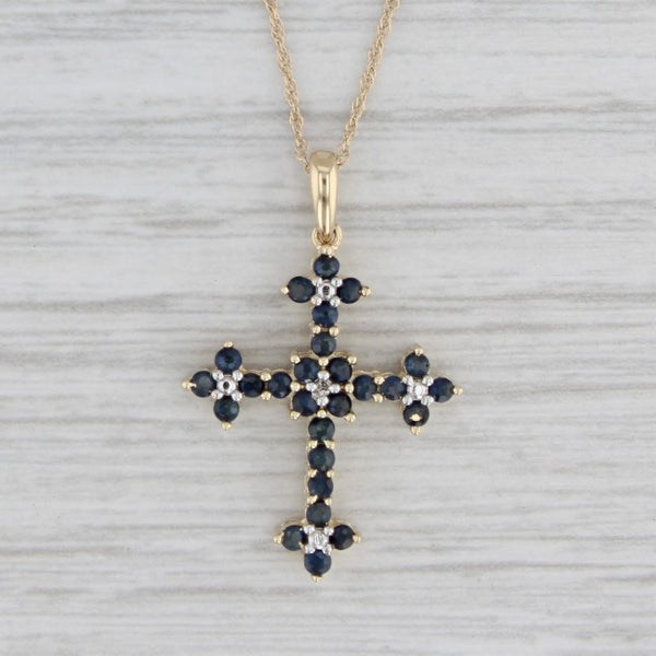 0.50ctw Blue Sapphire Cross Pendant 10k Gold Diamond Accents Rope Chain 18"