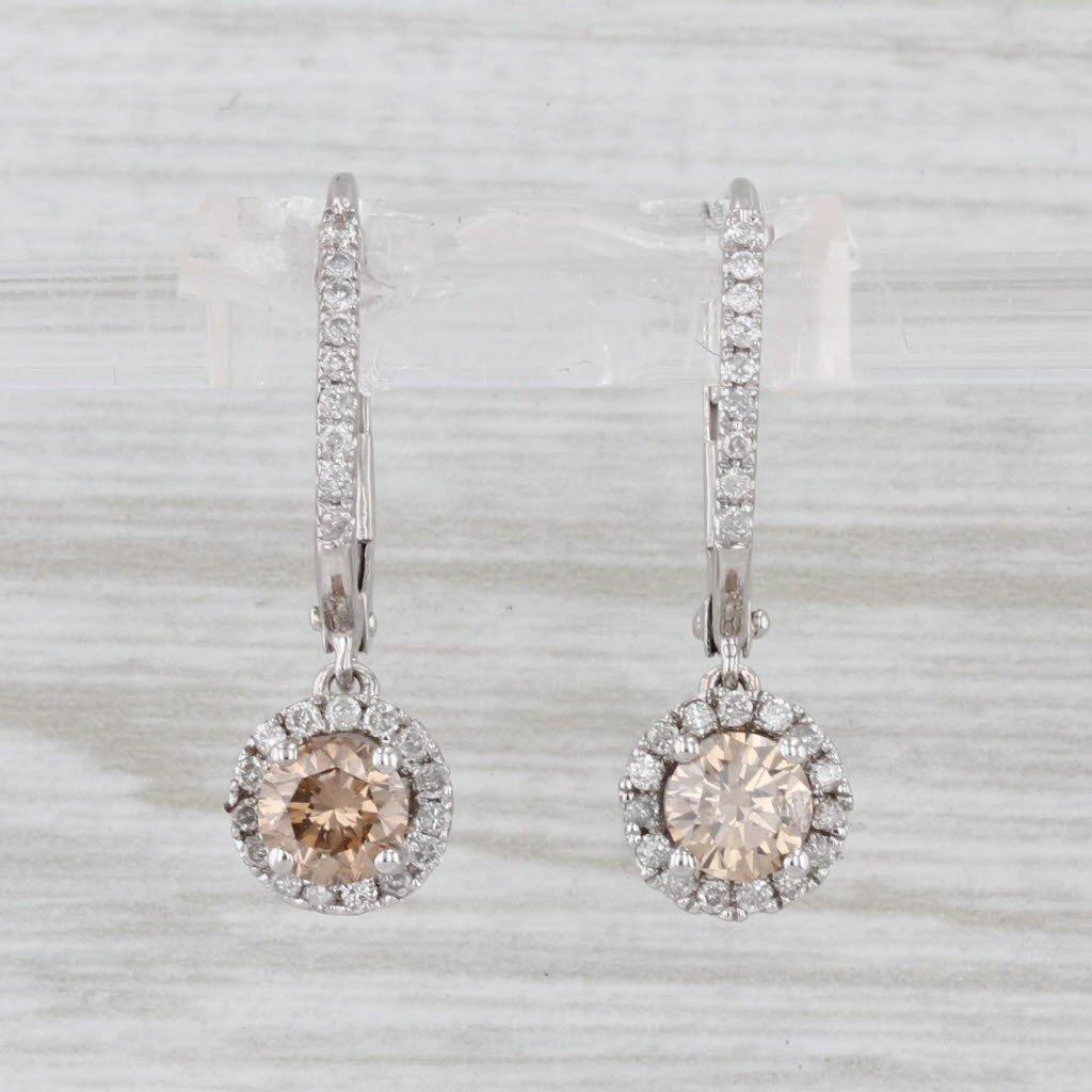 0.97ctw Diamond Halo Dangle Earrings 14k White Gold Lever Backs