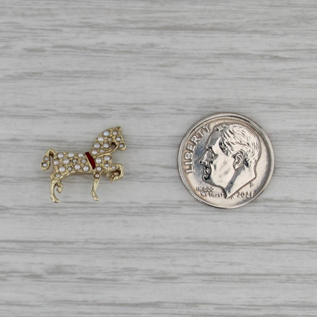 Vintage Seed Pearl Enamel Small Trotting Horse Pin 14k Yellow Gold
