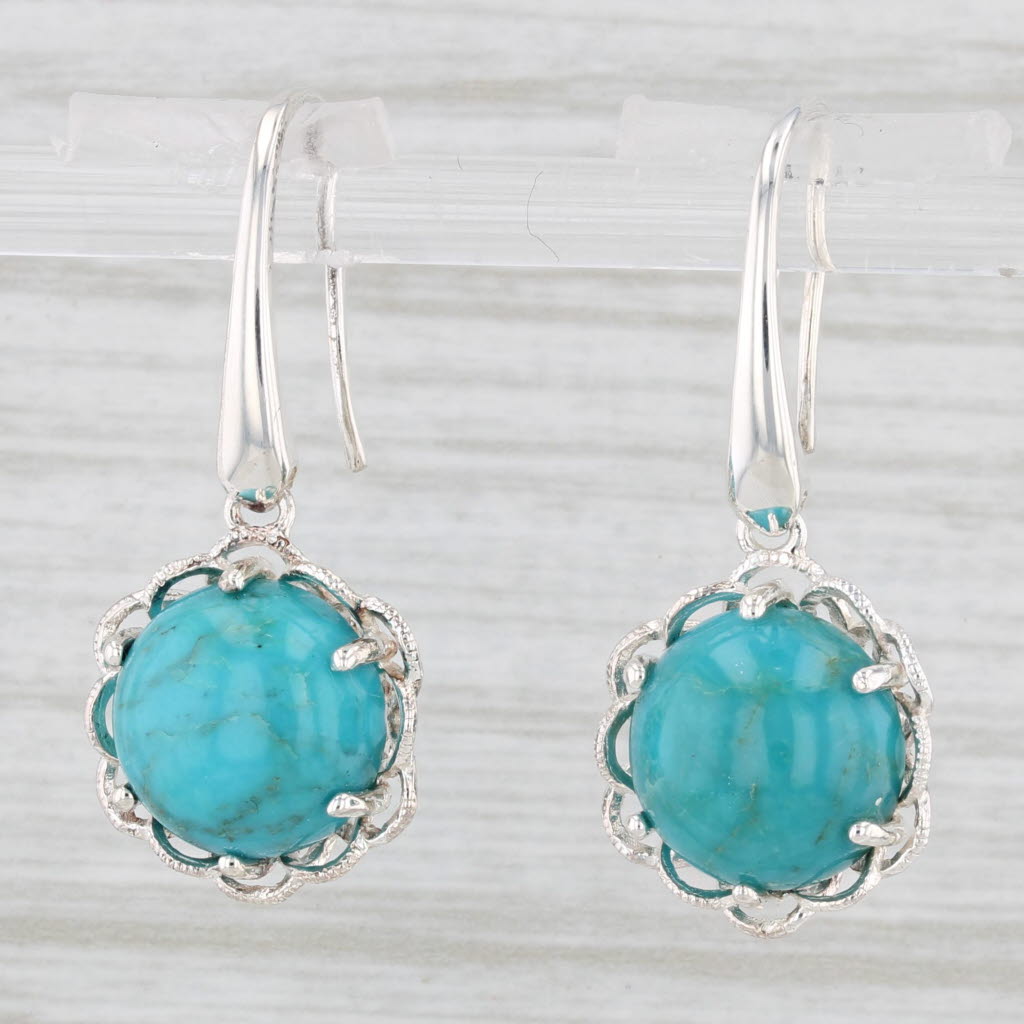 Light Gray Turquoise Flower Dangle Earrings Sterling Silver Hook Post Drops