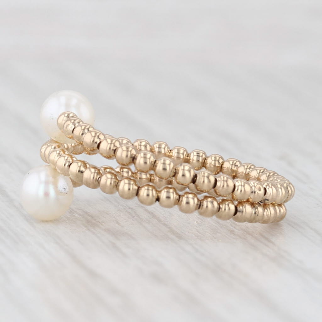 Light Gray Cultured Pearl Beaded Band Bypass Ring 14k Yellow Gold Size 8 Adjustable