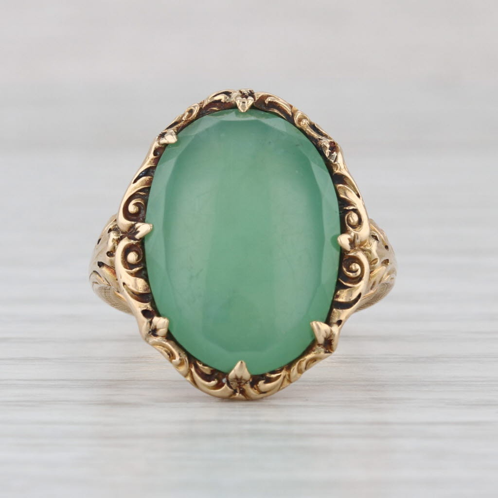 Vintage Ornate Green Chrysoprase Ring 14k Yellow Gold Size 6 Oval Solitaire