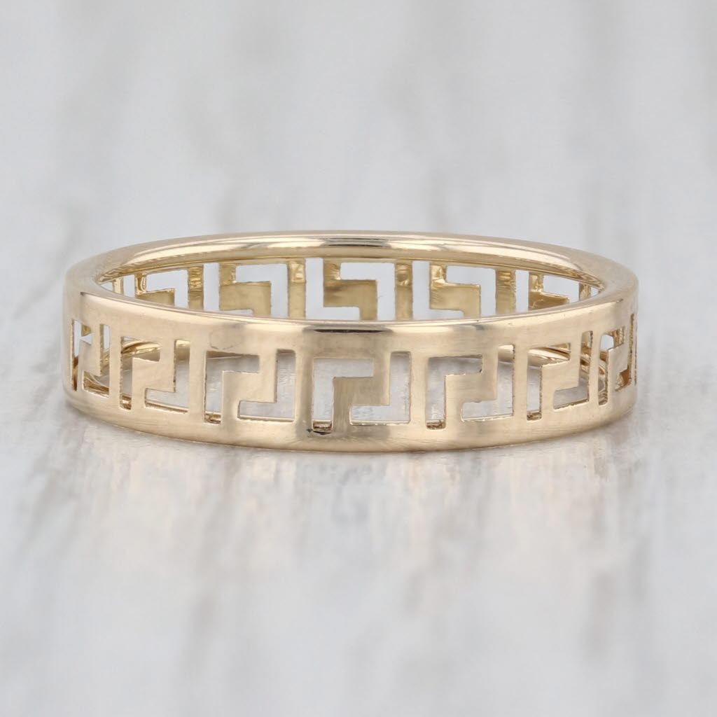 Greek Key Pattern Band Ring 14k Yellow Gold Size 6 Ring Wide 4.3mm