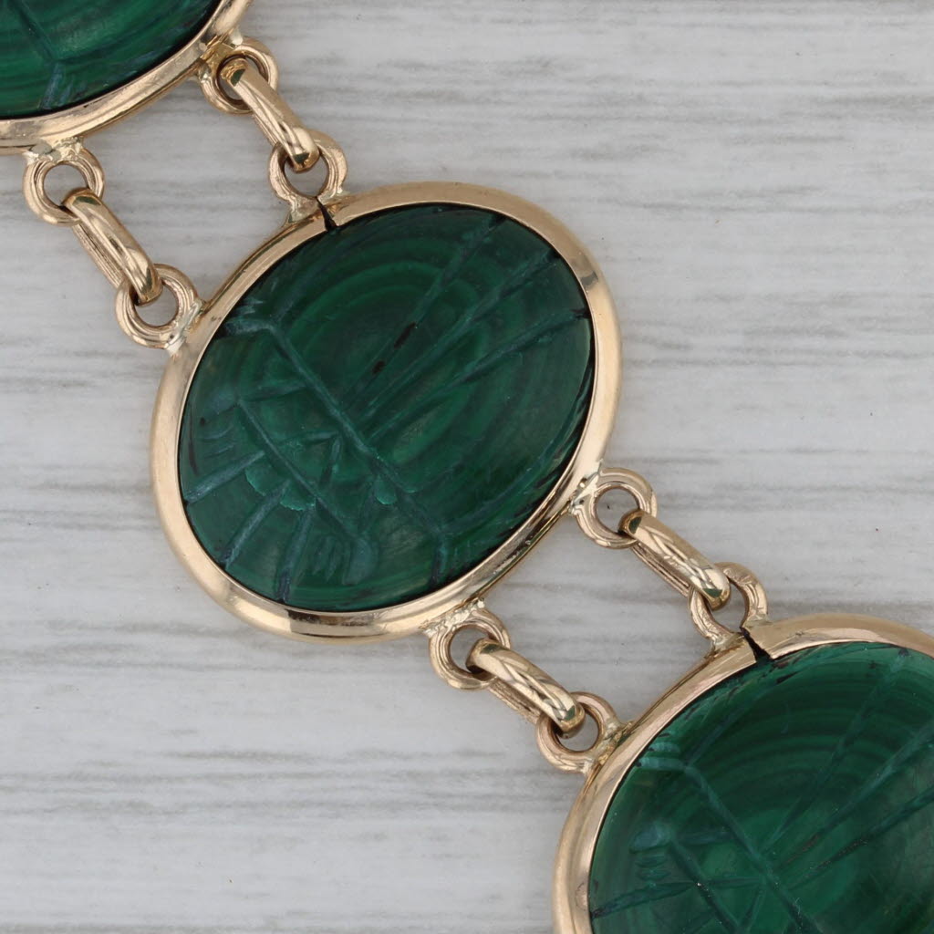 Dark Gray Scarab Carved Green Malachite Bracelet 14k Yellow Gold 7" 22mm