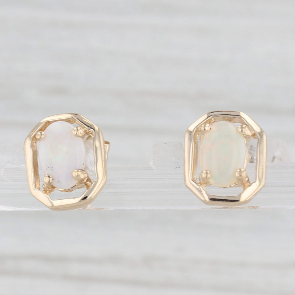 Light Gray Opal Cabochon Stud Earrings 14k Yellow Gold Solitaire Studs