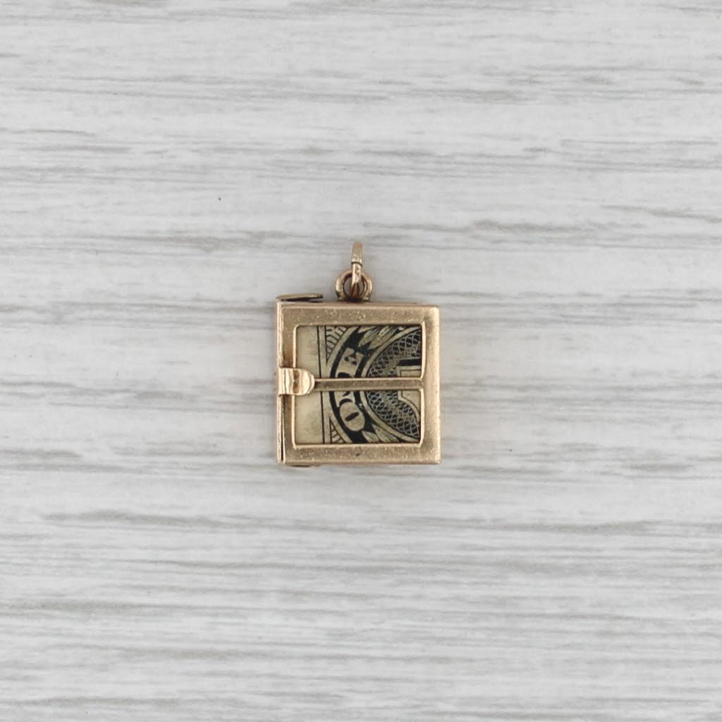 Vintage Emergency Money Dollar Bill in Box Charm 14k Yellow Gold Pendant