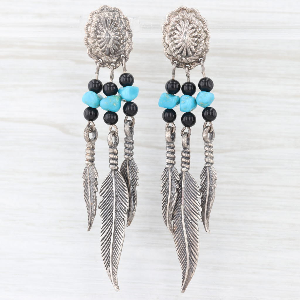 Lavender Vintage Turquoise Onyx Feather Dangle Earrings Sterling Silver Southwestern