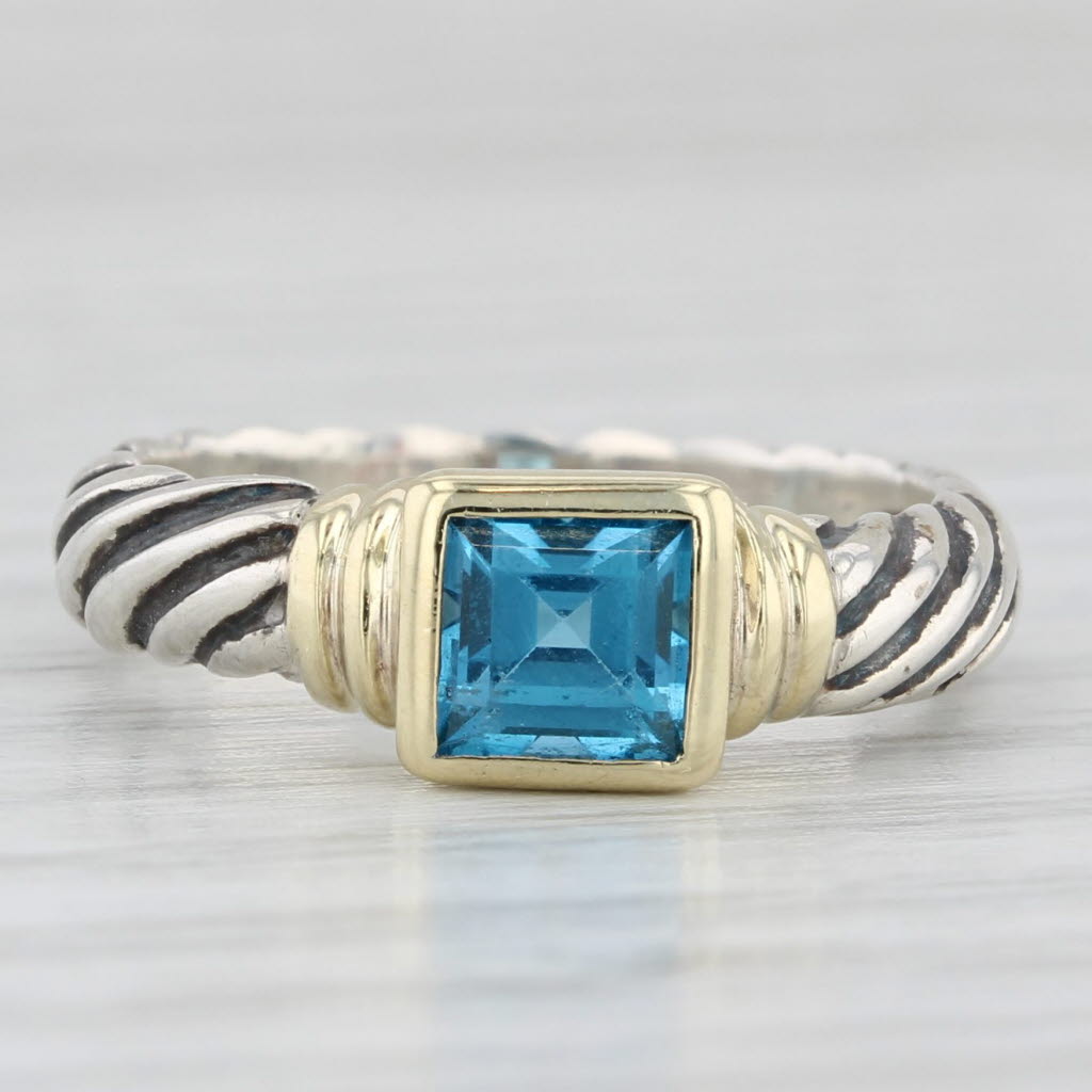 Light Gray 0.80ct Blue Topaz Cable Ring Sterling Silver 14k Gold Size 5.75 David Yurman