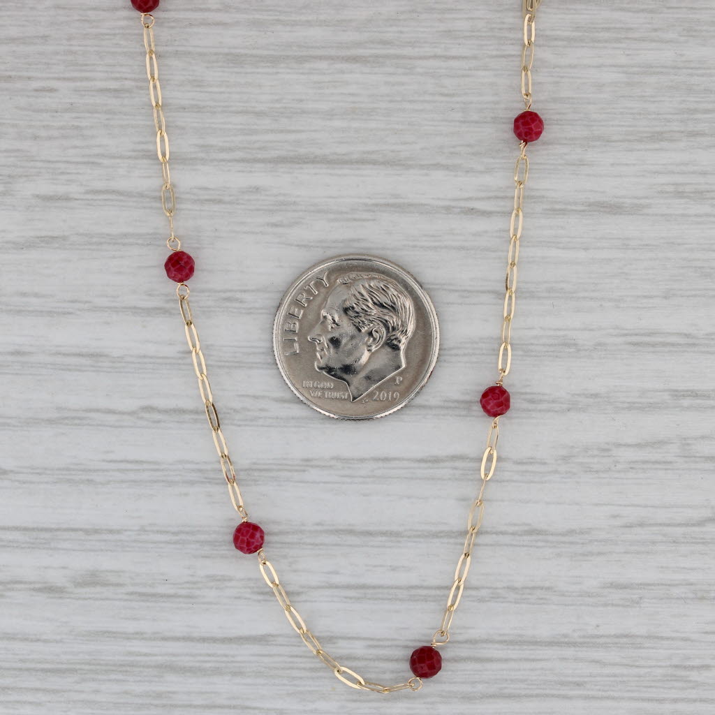 Gray Red Glass Bead Station Necklace 14k Yellow Gold 16" Cable Chain