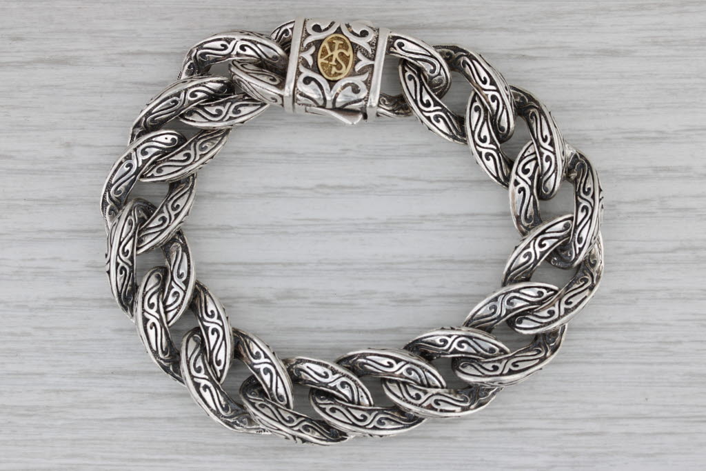 Gray Scott Kay Sparta Large Curb Chain Bracelet Sterling Silver 18k Gold Ornate