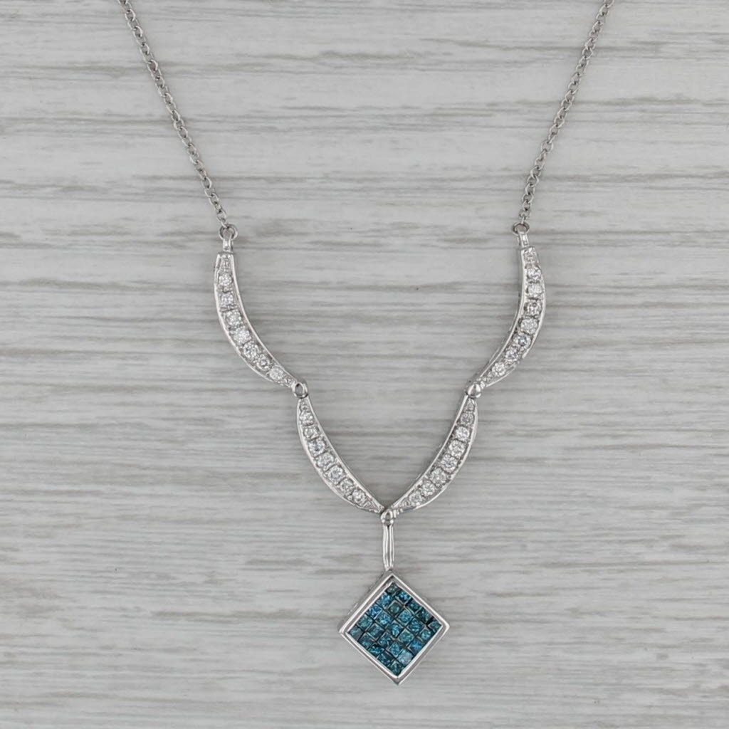 Convertible 1.35ctw Blue White Diamond Necklace 14k White Gold Cable Chain