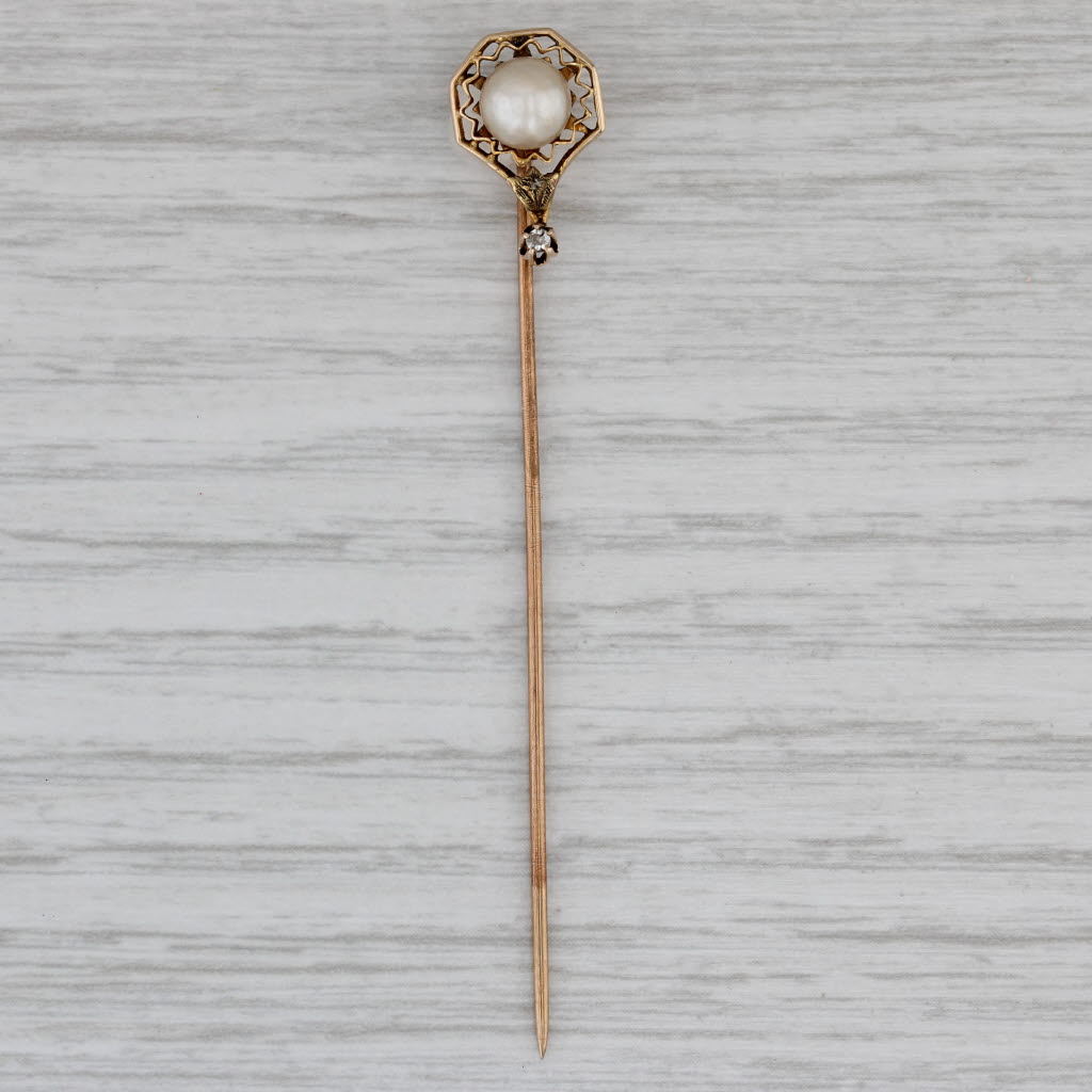 Gray Antique Pearl Diamond Stickpin 10k Yellow Gold Pin