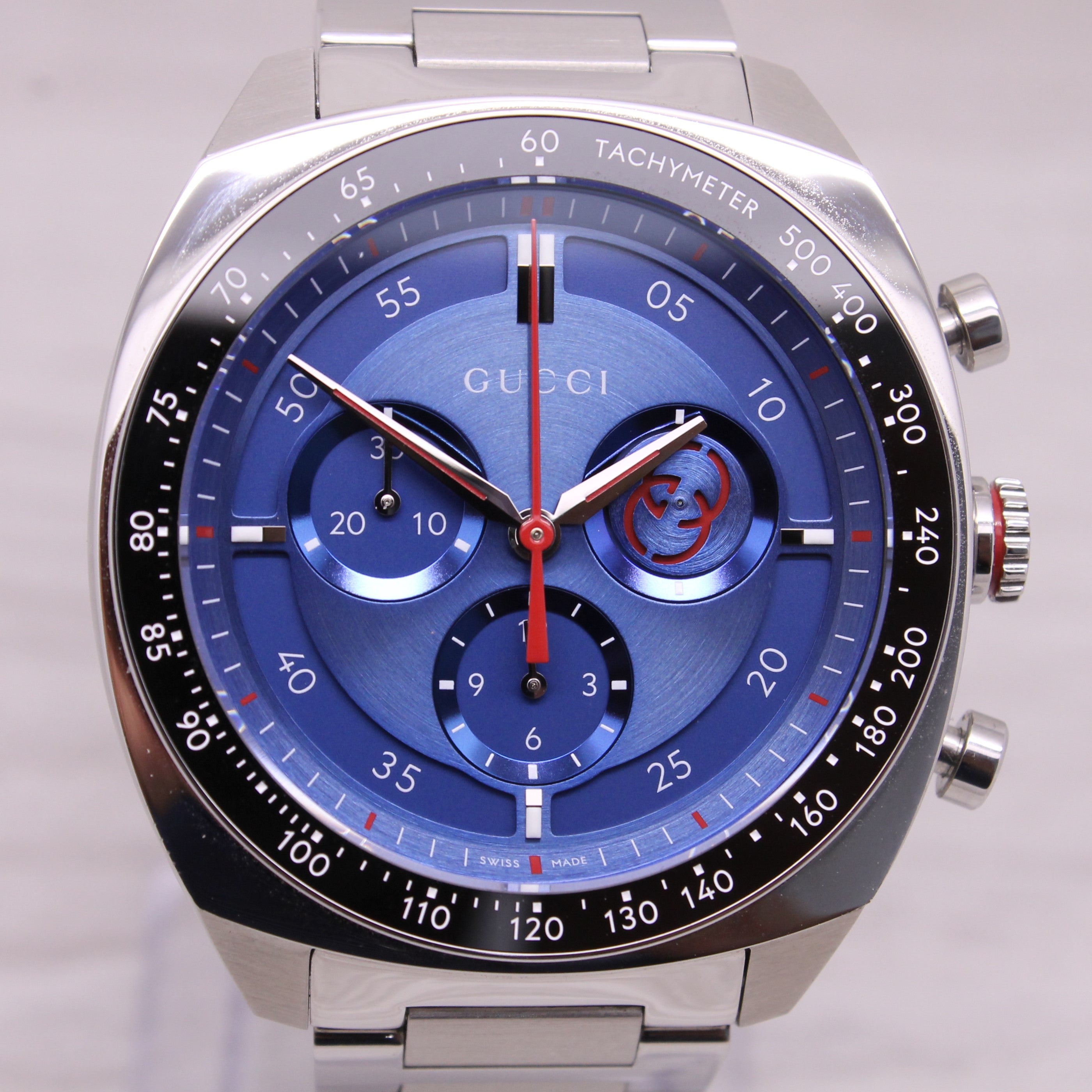 Gray Gucci Interlocking 41mm Mens Steel Quartz Chronograph Watch Blue w/ Box YA142317