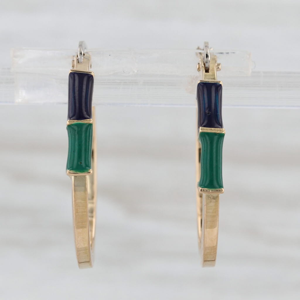 Blue Green Resin Hoop Earrings 18k Yellow Gold Snap Top Round Hoops