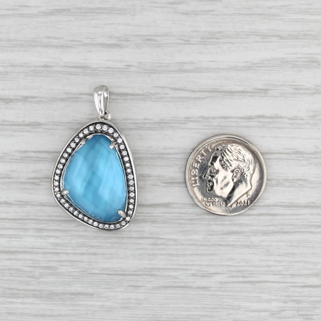 Blue Topaz Mother of Pearl Doublet Diamond Halo Pendant 14k White Gold