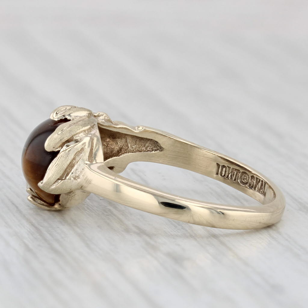 Light Gray Tiger's Eye Leaf Ring 10k Yellow Gold Size 6.25 Oval Cabochon