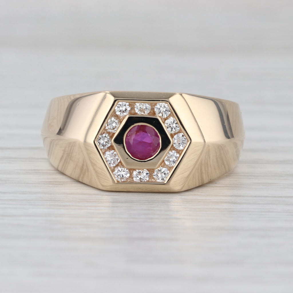 Ruby Diamond Halo Ring 14k Yellow Gold Size 10.25 Vintage Men's