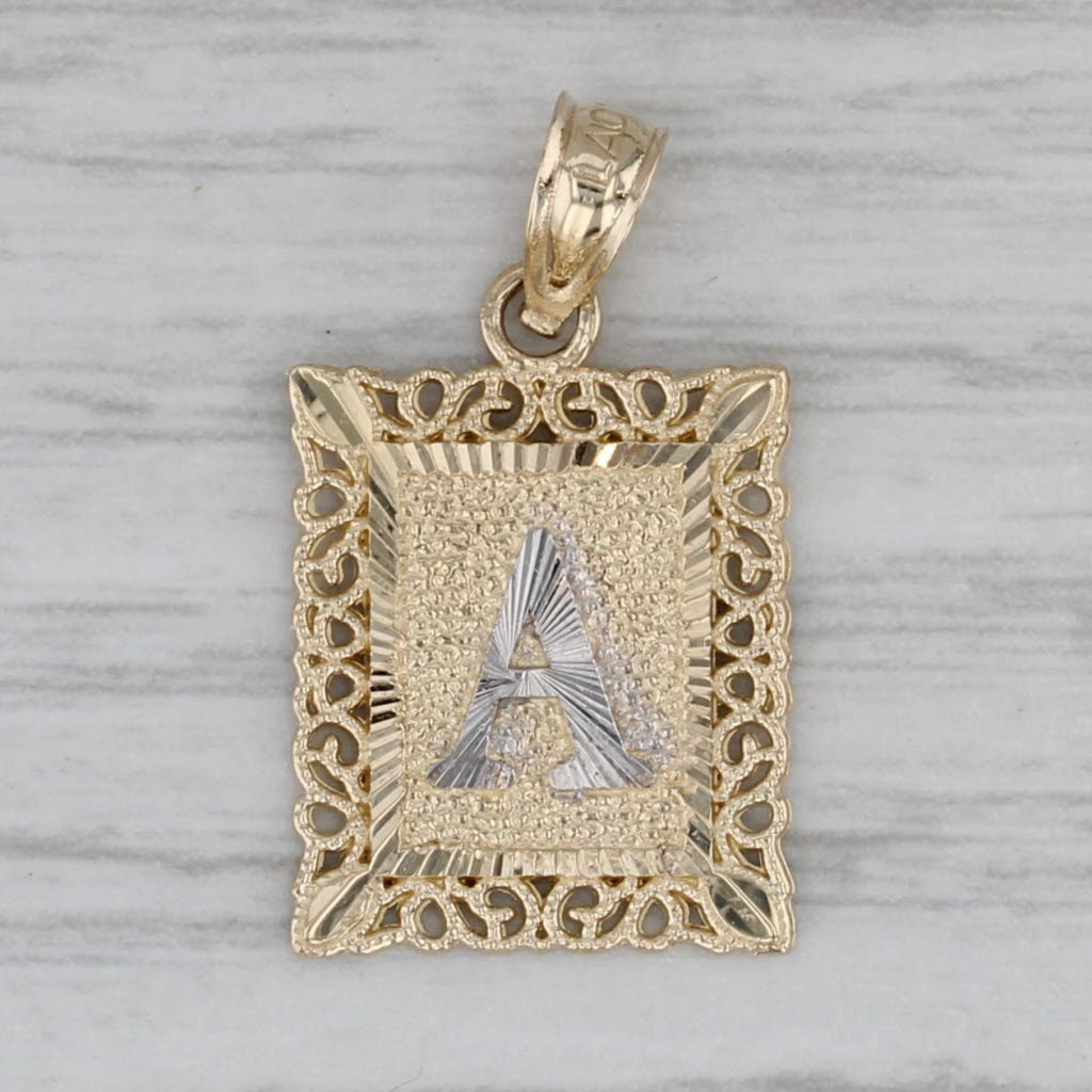 Gray Letter Initial "A" Pendant 10k Yellow White Gold Ornate Frame