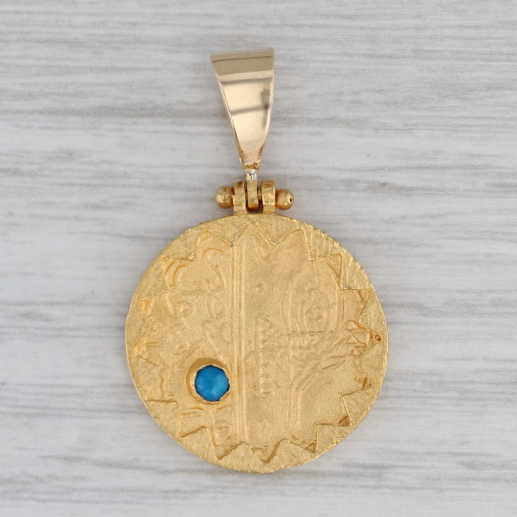 Gray Imitation Turquoise Ancient Coin Replica Token Pendant 14k Yellow Gold