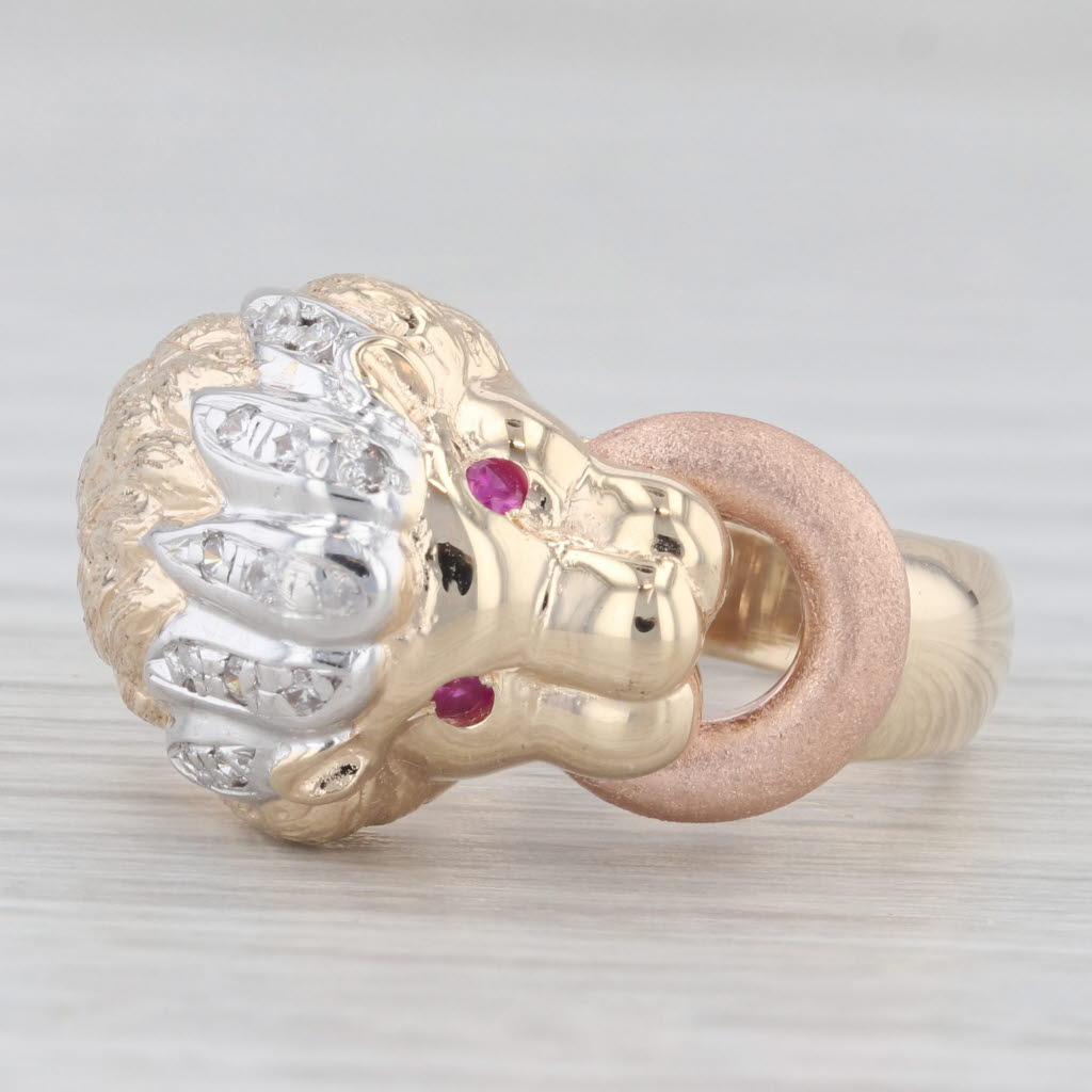 Light Gray Lion Door Knocker Ring 14k Gold Lab Created Ruby Cubic Zirconia Size 8.5