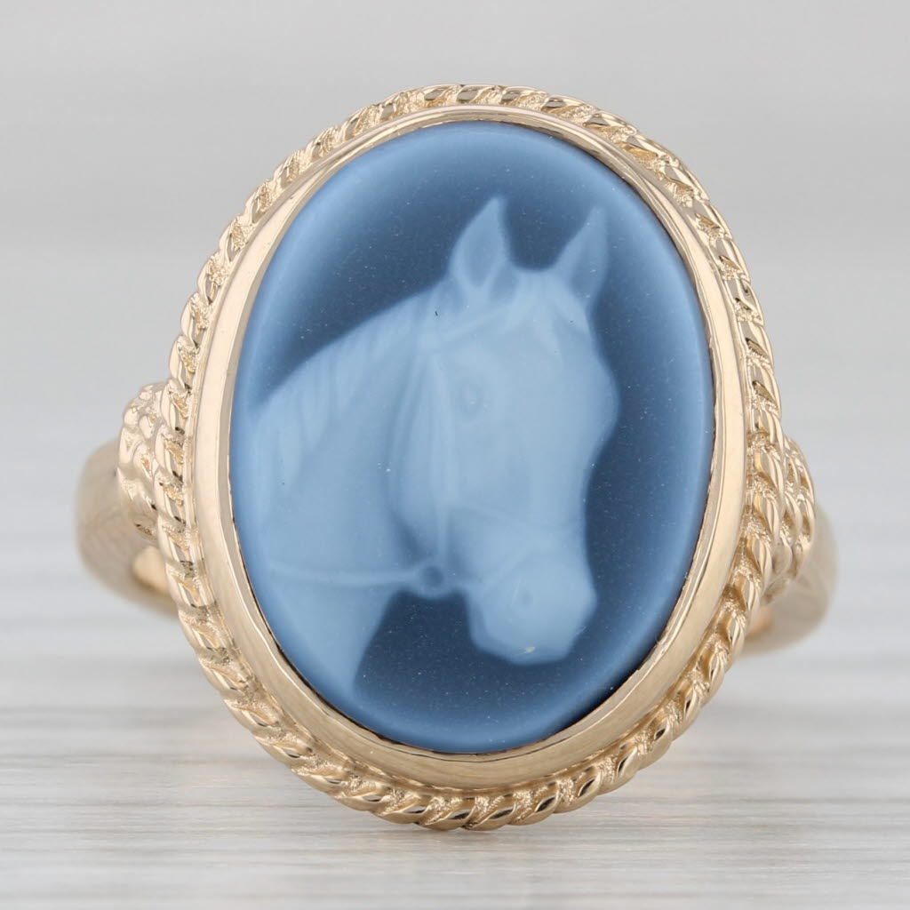 Gray New Church & Co Black White Horse Cameo Ring 14k Gold Size 6 Carved Chalcedony