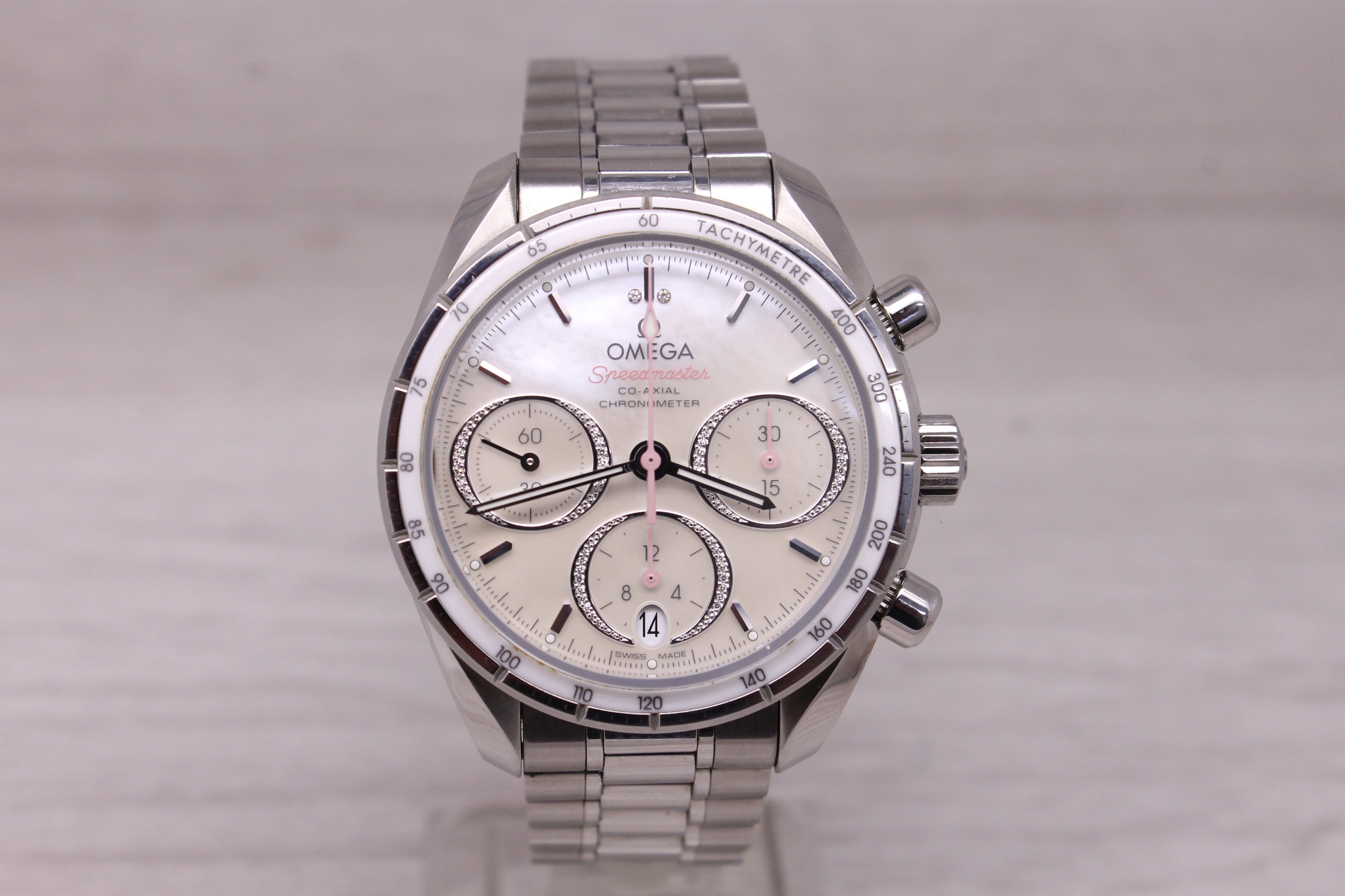 Omega Speedmaster 38mm Automatic Chronograph Watch Pink MOP Diamond Box Cards