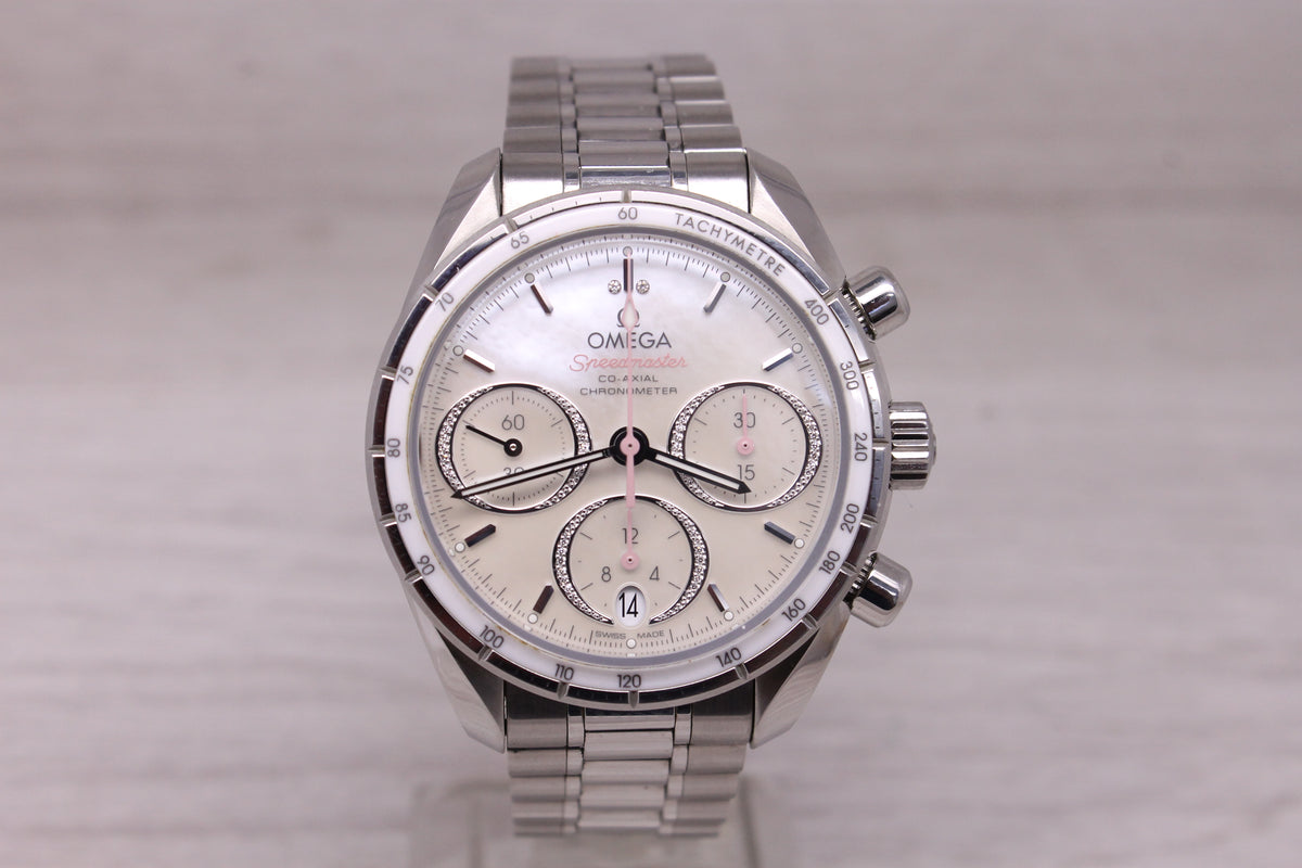 Omega Speedmaster 38mm Automatic Chronograph Watch Pink MOP Diamond Box Cards