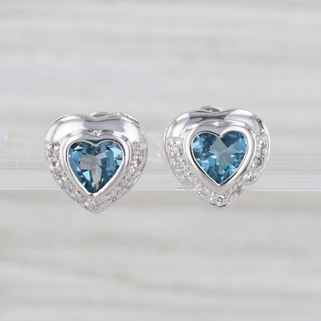 1.97ctw Blue Topaz Diamond Heart Stud Earrings 14k White Gold Studs