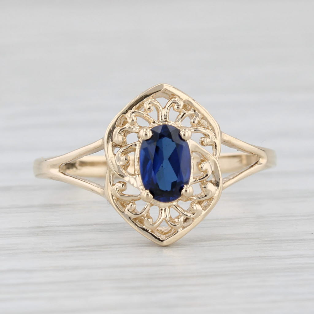 Light Gray 0.48ct Blue Lab Created Sapphire Filigree Ring 10k Yellow Gold Size 7.25