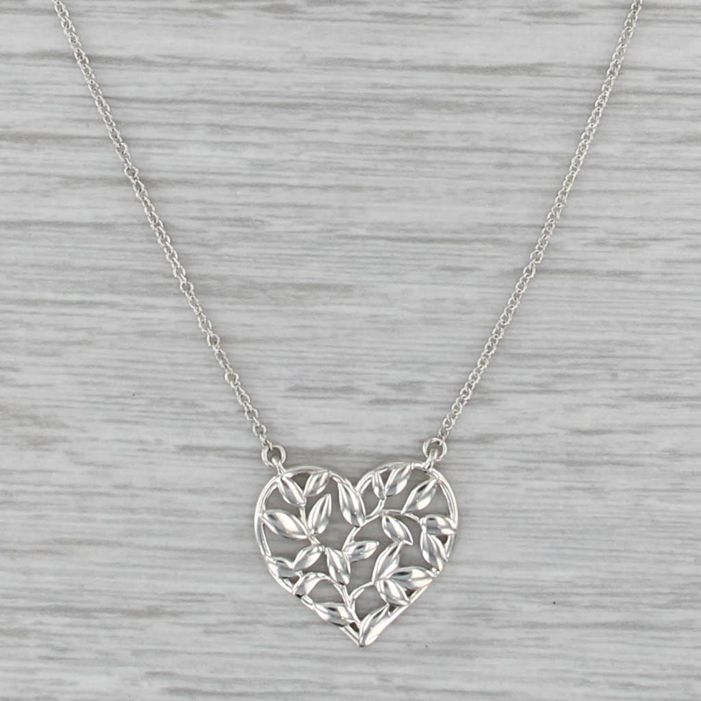 Tiffany Paloma Picasso Olive Leaf Heart Pendant Necklace w Pouch Sterling Silver
