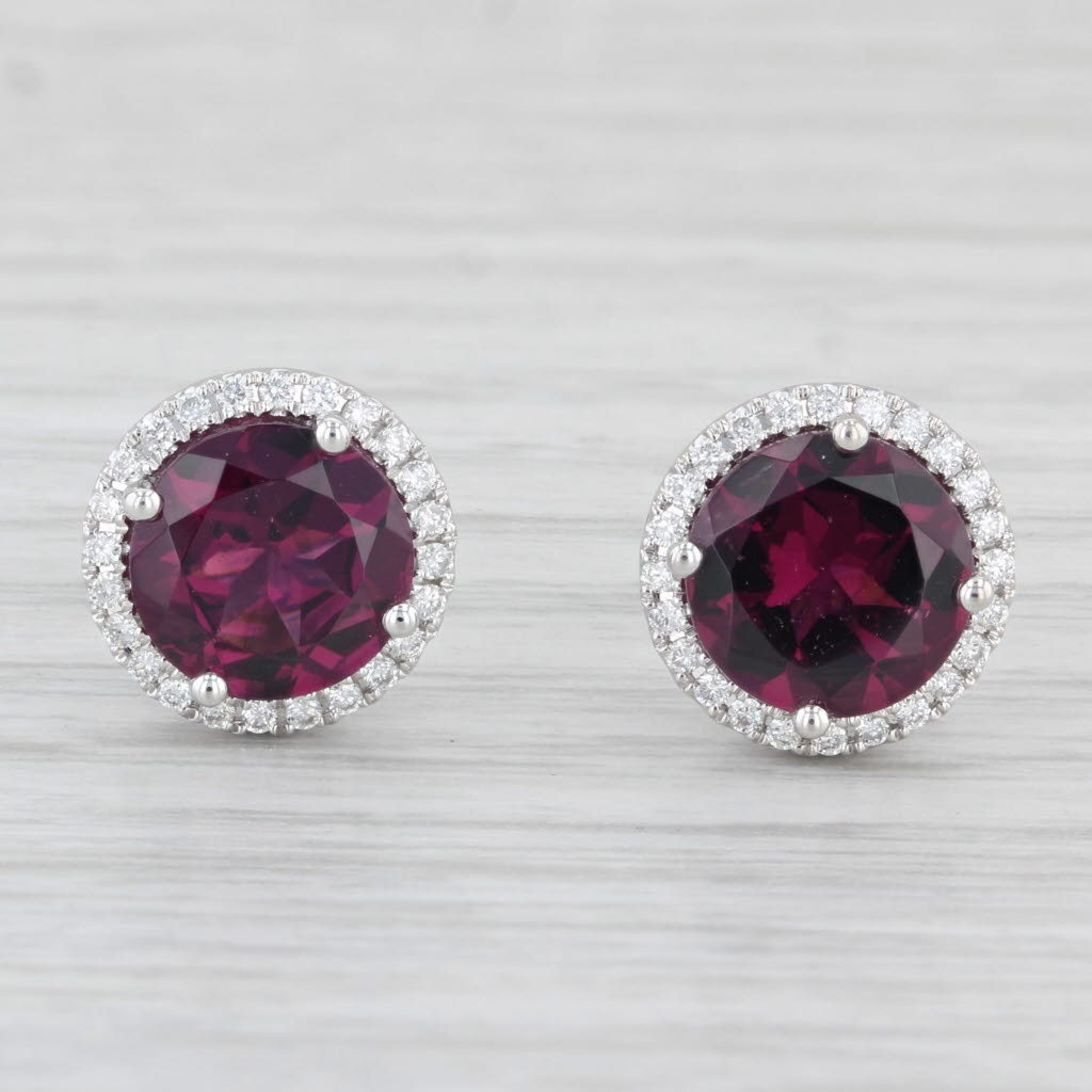 Light Gray New 4.15ctw Rhodolite Garnet Diamond Halo Stud Earrings 14k White Gold