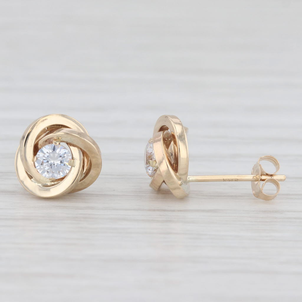 Light Gray Cubic Zirconia Solitaire Knot Stud Earrings 14k Yellow Gold