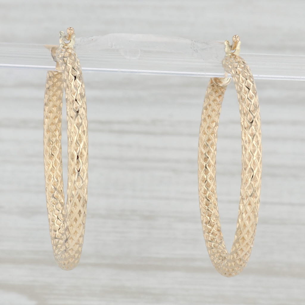 Light Gray Textured Hollow Hoop Earrings 14k Yellow Gold Snap Top Round Hoops